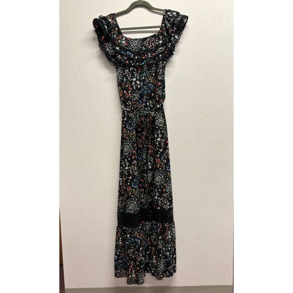Floral Boho Peasant Maxi Dress Ruffle & Lace Neckline Hem Coquette Cottagecore M - Picture 3 of 5